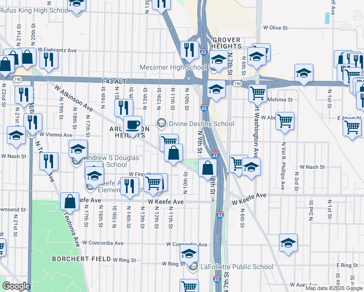 map of restaurants, bars, coffee shops, grocery stores, and more near 3771 North 10th Street in Milwaukee