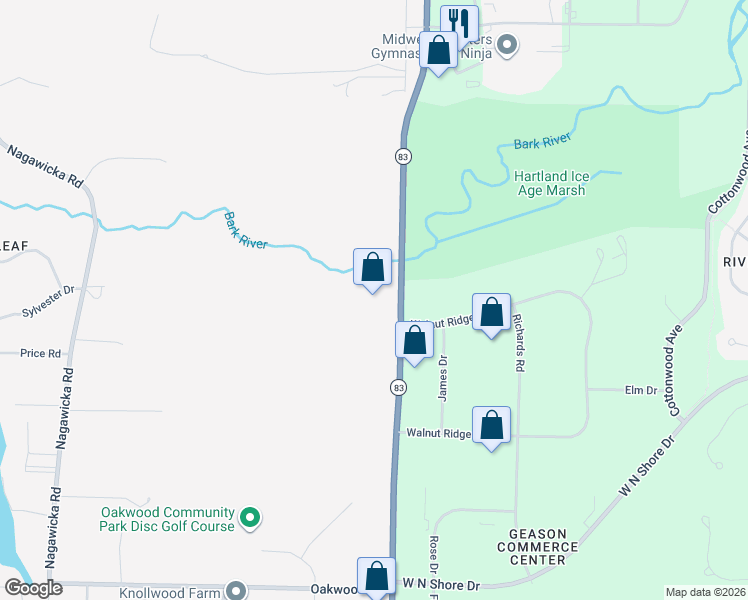 map of restaurants, bars, coffee shops, grocery stores, and more near 3115 Wisconsin 83 in Hartland