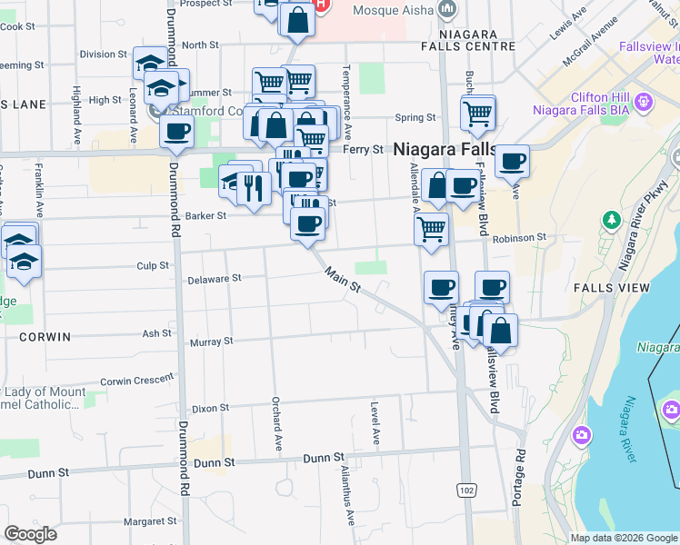 map of restaurants, bars, coffee shops, grocery stores, and more near in Niagara Falls