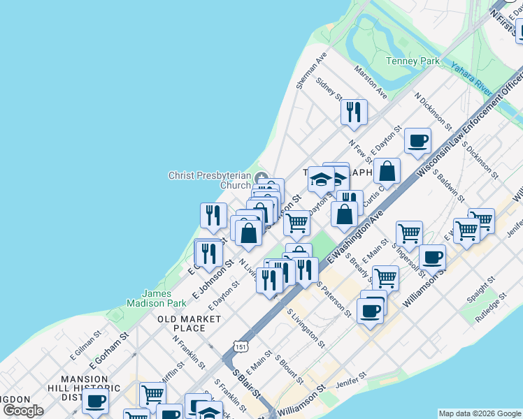 map of restaurants, bars, coffee shops, grocery stores, and more near 324 Norris Court in Madison