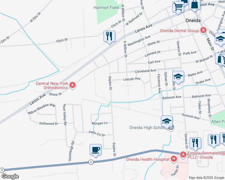 map of restaurants, bars, coffee shops, grocery stores, and more near 437 Sayles Street in Oneida