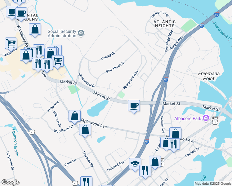 map of restaurants, bars, coffee shops, grocery stores, and more near 131 Spinnaker Way in Portsmouth