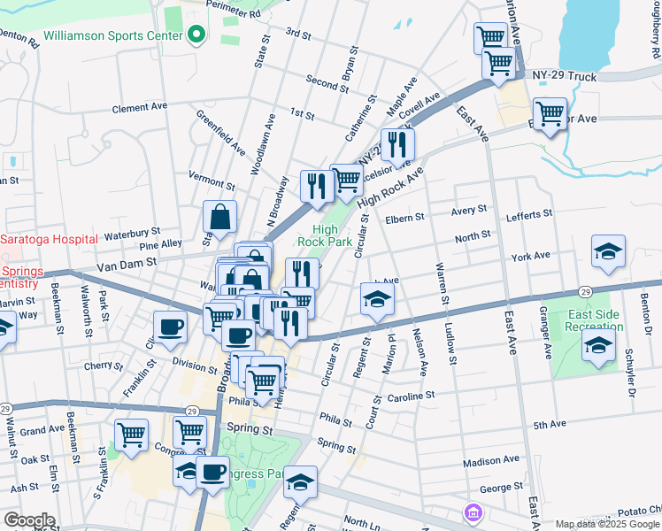 map of restaurants, bars, coffee shops, grocery stores, and more near 98 High Rock Avenue in Saratoga Springs