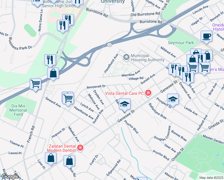 map of restaurants, bars, coffee shops, grocery stores, and more near 148 Roosevelt Drive in Utica