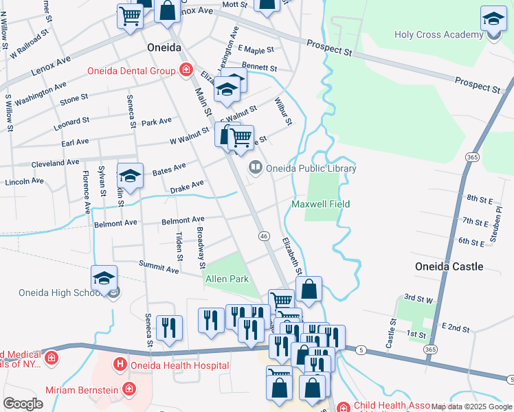 map of restaurants, bars, coffee shops, grocery stores, and more near 478 Elizabeth Street in Oneida