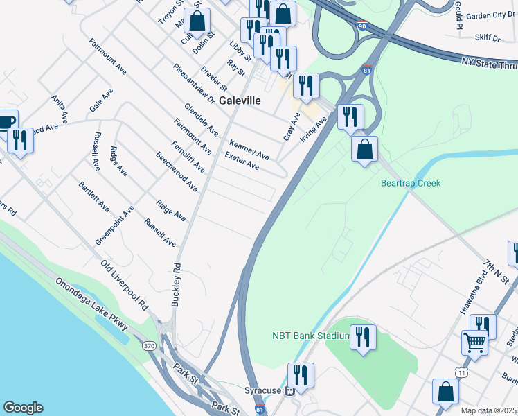 map of restaurants, bars, coffee shops, grocery stores, and more near 209 Dexter Avenue in Liverpool