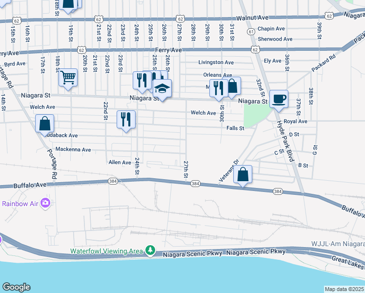 map of restaurants, bars, coffee shops, grocery stores, and more near 250 27th Street in Niagara Falls