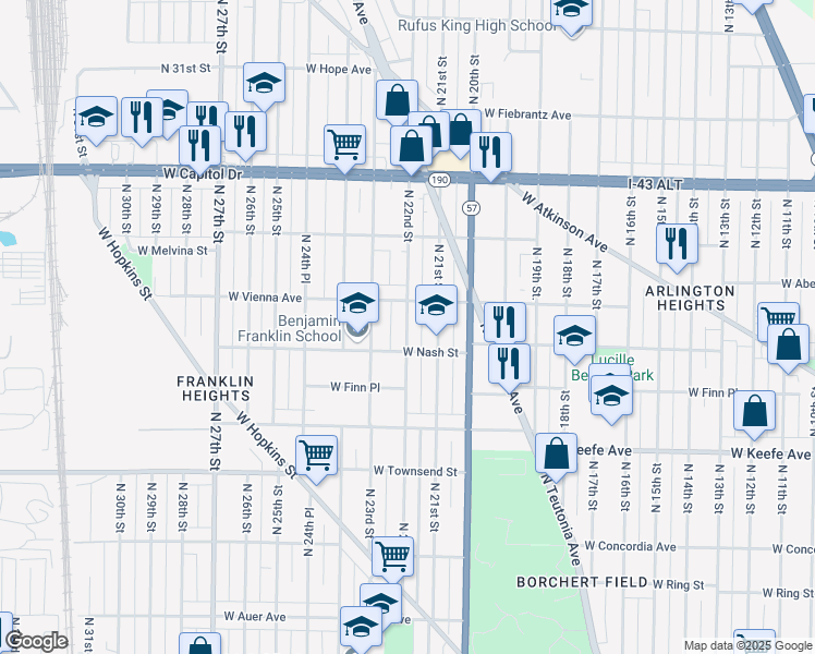 map of restaurants, bars, coffee shops, grocery stores, and more near 3760 North 22nd Street in Milwaukee