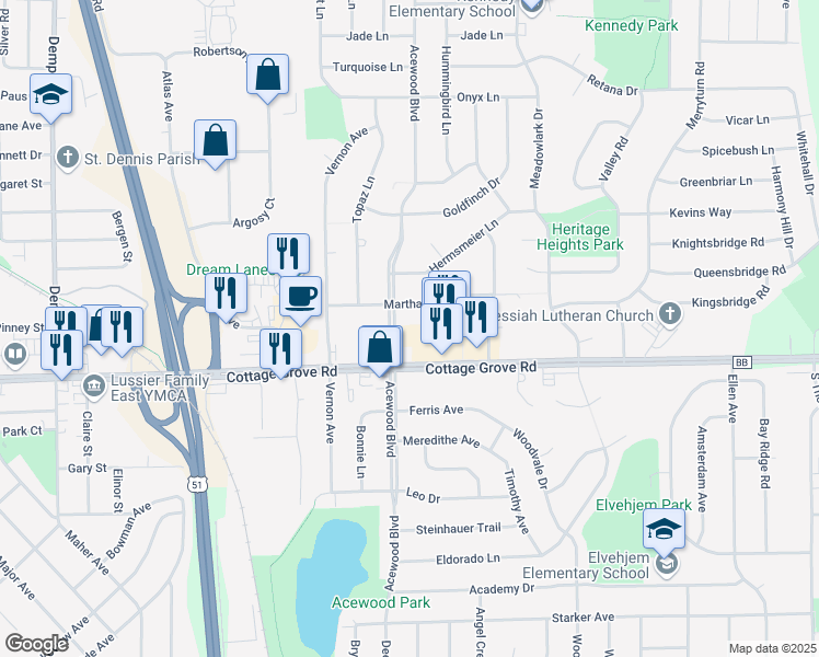 map of restaurants, bars, coffee shops, grocery stores, and more near 4603 Martha Lane in Madison