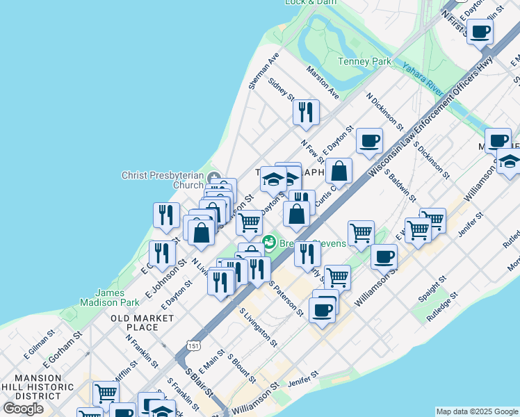 map of restaurants, bars, coffee shops, grocery stores, and more near 1028 East Dayton Street in Madison