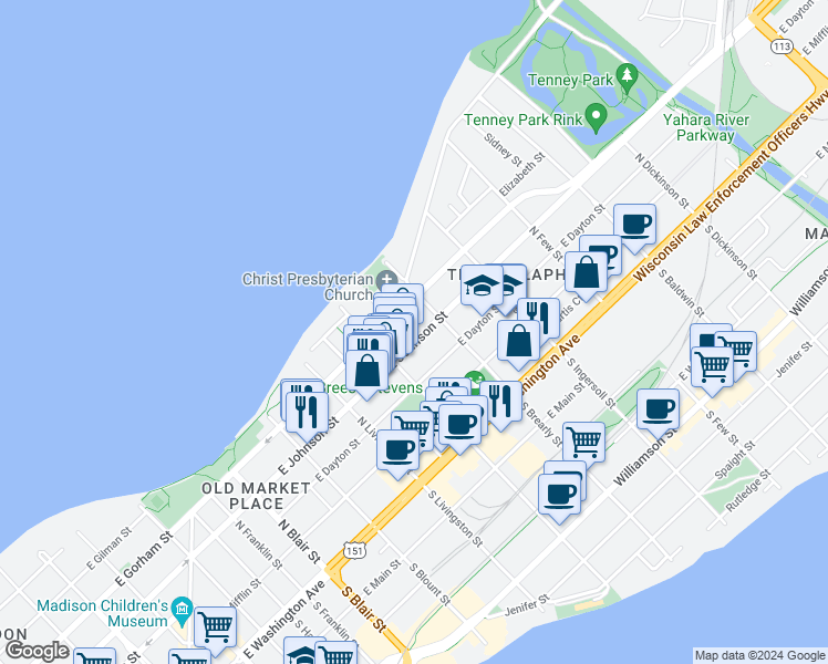 map of restaurants, bars, coffee shops, grocery stores, and more near 939 East Gorham Street in Madison