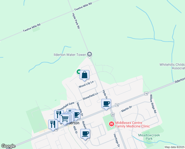 map of restaurants, bars, coffee shops, grocery stores, and more near 17 Maplewood Lane in Ilderton