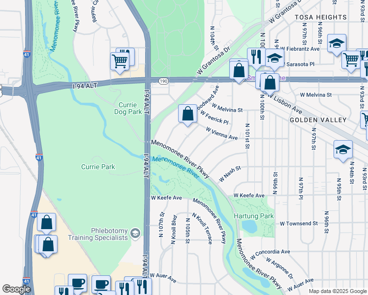 map of restaurants, bars, coffee shops, grocery stores, and more near 10445 West Stewart Avenue in Wauwatosa