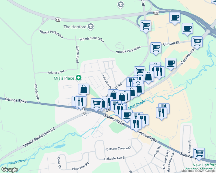 map of restaurants, bars, coffee shops, grocery stores, and more near 5 Kris Ann Drive in New Hartford