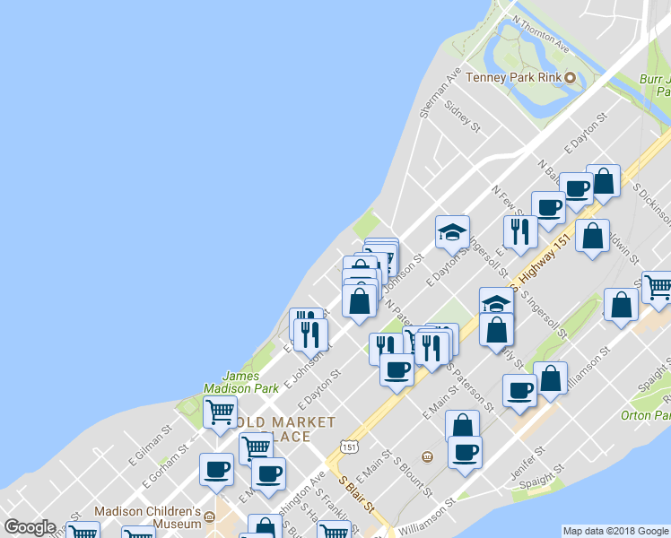 map of restaurants, bars, coffee shops, grocery stores, and more near 844 Prospect Place in Madison