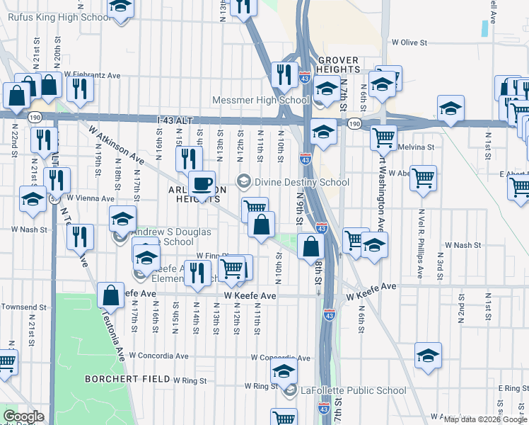 map of restaurants, bars, coffee shops, grocery stores, and more near 3736 North 11th Street in Milwaukee