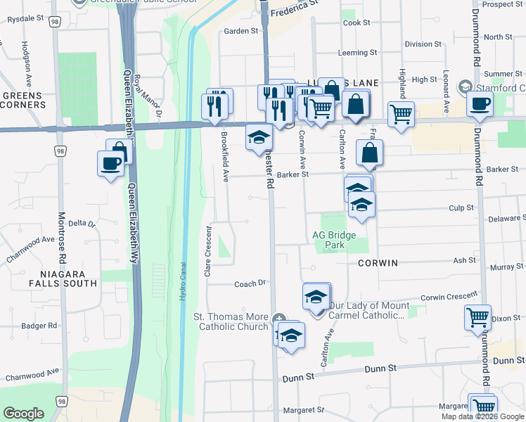 map of restaurants, bars, coffee shops, grocery stores, and more near 6167 Dorchester Road in Niagara Falls
