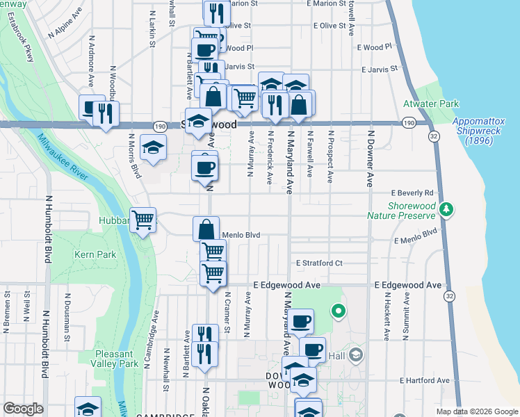 map of restaurants, bars, coffee shops, grocery stores, and more near 2001 East Beverly Road in Shorewood