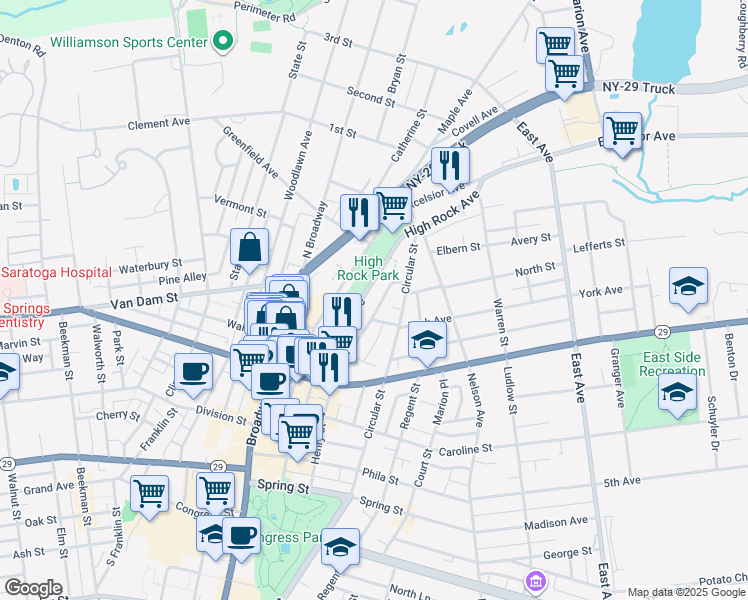 map of restaurants, bars, coffee shops, grocery stores, and more near 98 High Rock Avenue in Saratoga Springs