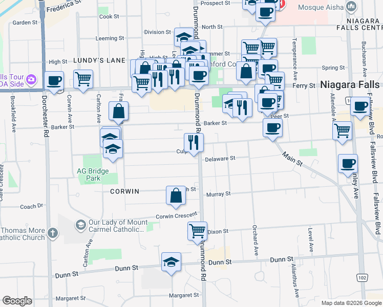 map of restaurants, bars, coffee shops, grocery stores, and more near 6248 Culp Street in Niagara Falls