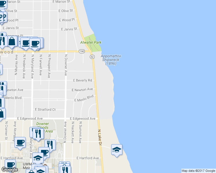 map of restaurants, bars, coffee shops, grocery stores, and more near 3600 North Lake Drive in Shorewood