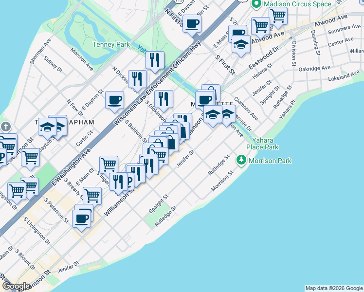map of restaurants, bars, coffee shops, grocery stores, and more near 1345 Williamson Street in Madison
