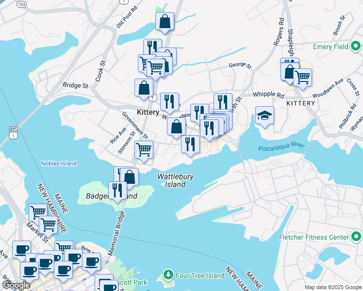 map of restaurants, bars, coffee shops, grocery stores, and more near 46 Otis Avenue in Kittery