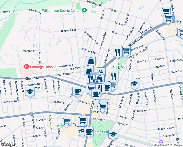 map of restaurants, bars, coffee shops, grocery stores, and more near 118 Woodlawn Avenue in Saratoga Springs