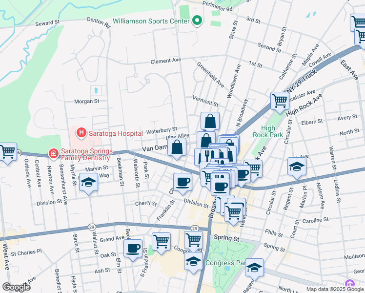 map of restaurants, bars, coffee shops, grocery stores, and more near 73 Van Dam Street in Saratoga Springs