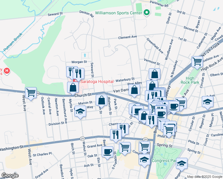 map of restaurants, bars, coffee shops, grocery stores, and more near 7 Wells Street in Saratoga Springs