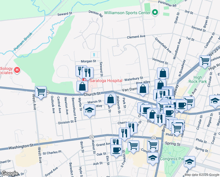 map of restaurants, bars, coffee shops, grocery stores, and more near 6 Seward Street in Saratoga Springs