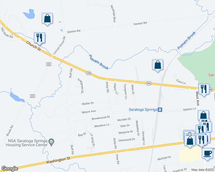 map of restaurants, bars, coffee shops, grocery stores, and more near 2A Kirby Road in Saratoga Springs