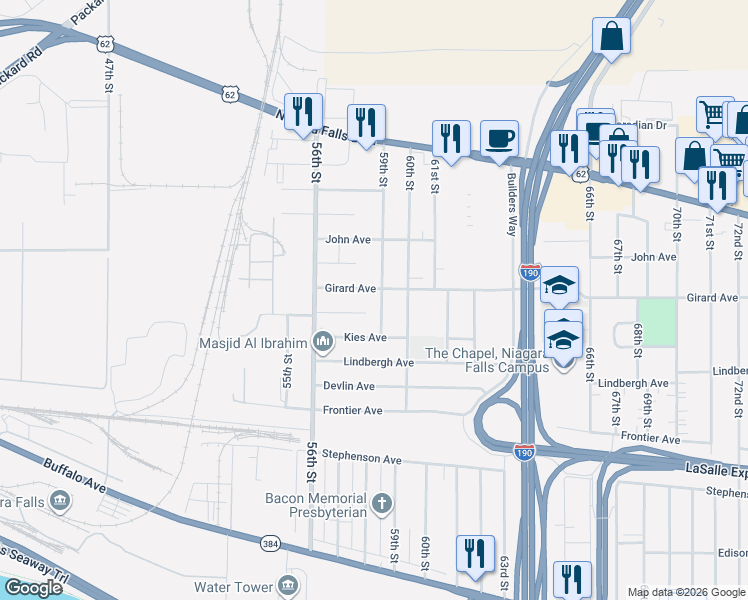 map of restaurants, bars, coffee shops, grocery stores, and more near 608 59th Street in Niagara Falls