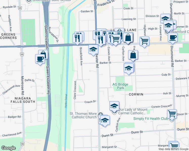 map of restaurants, bars, coffee shops, grocery stores, and more near in Niagara Falls