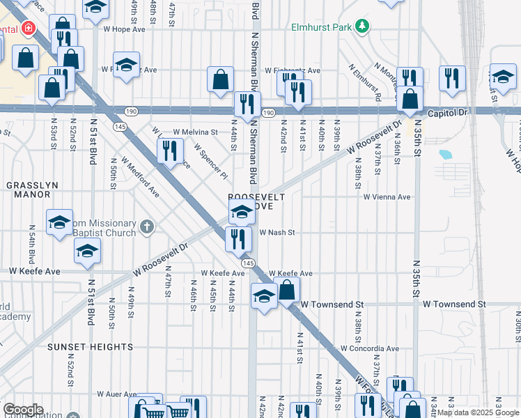 map of restaurants, bars, coffee shops, grocery stores, and more near 3811 North Sherman Boulevard in Milwaukee