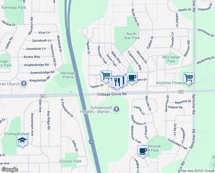 map of restaurants, bars, coffee shops, grocery stores, and more near 826 North Star Drive in Madison