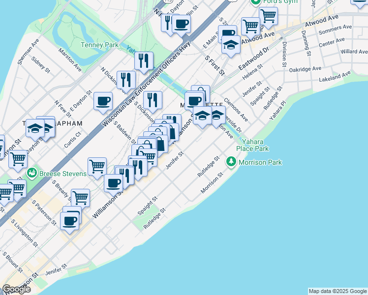 map of restaurants, bars, coffee shops, grocery stores, and more near 1425 Williamson Street in Madison