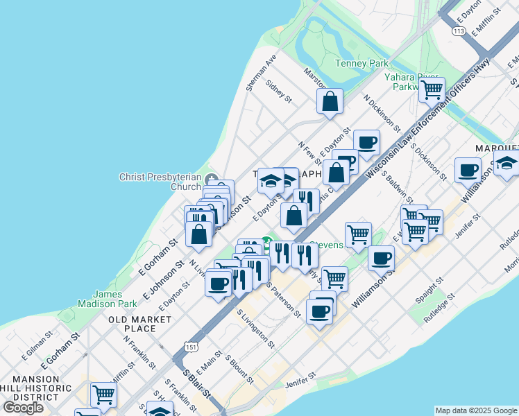 map of restaurants, bars, coffee shops, grocery stores, and more near 1028 East Dayton Street in Madison