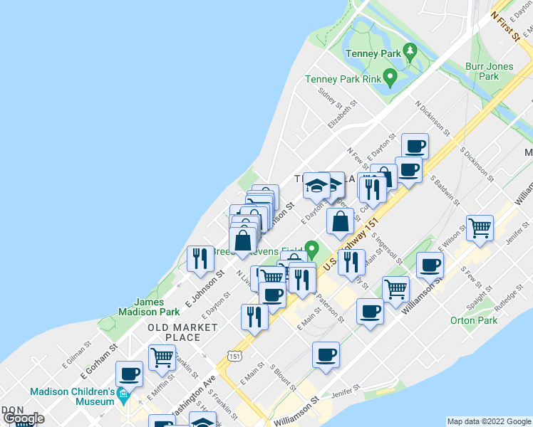 map of restaurants, bars, coffee shops, grocery stores, and more near 939 East Gorham Street in Madison