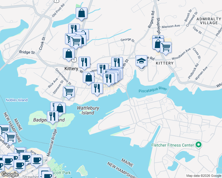 map of restaurants, bars, coffee shops, grocery stores, and more near 8 Wallingford Square in Kittery
