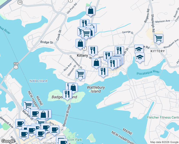 map of restaurants, bars, coffee shops, grocery stores, and more near 73 Government Street in Kittery