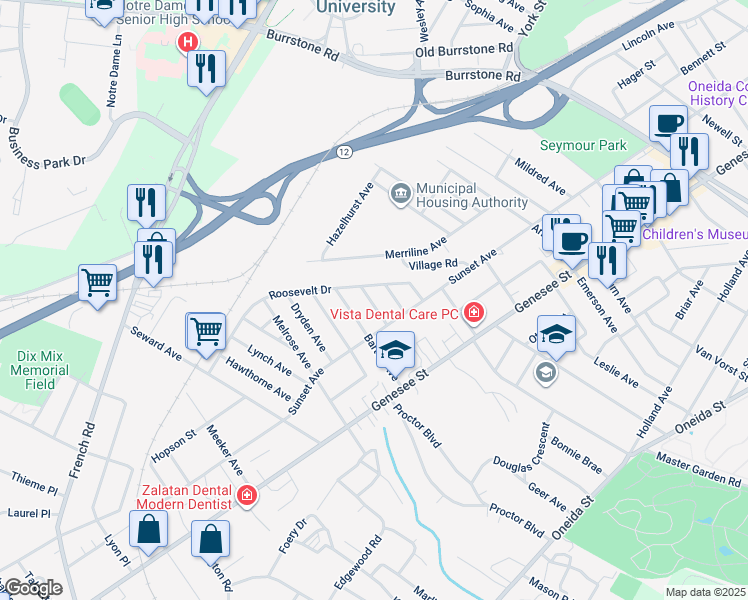 map of restaurants, bars, coffee shops, grocery stores, and more near 116 Lowell Avenue in Utica