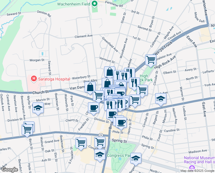 map of restaurants, bars, coffee shops, grocery stores, and more near 9 Bolster Lane Northeast in Saratoga Springs