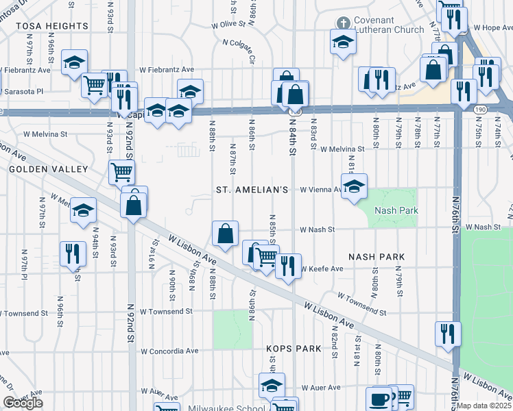 map of restaurants, bars, coffee shops, grocery stores, and more near 3750 North 86th Street in Milwaukee