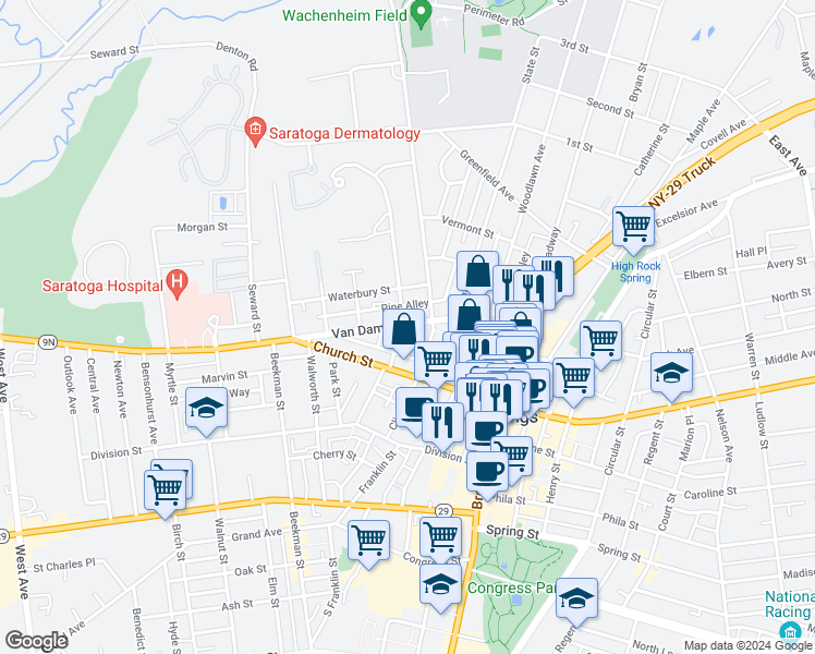 map of restaurants, bars, coffee shops, grocery stores, and more near 86 Van Dam Street in Saratoga Springs