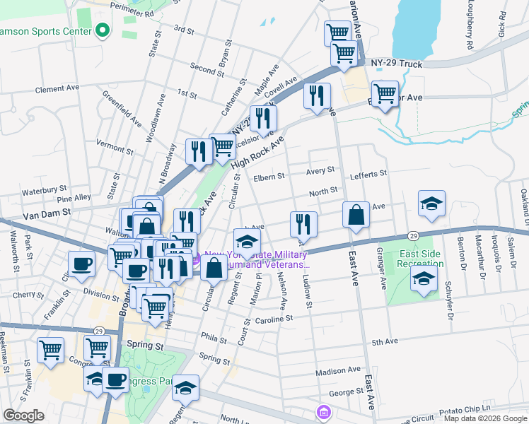 map of restaurants, bars, coffee shops, grocery stores, and more near 292 Nelson Avenue in Saratoga Springs
