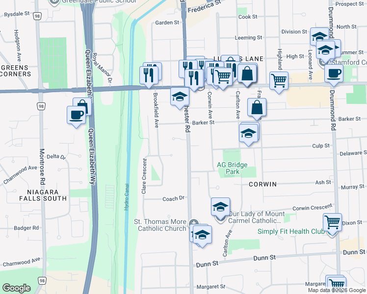 map of restaurants, bars, coffee shops, grocery stores, and more near 6167 Dorchester Road in Niagara Falls