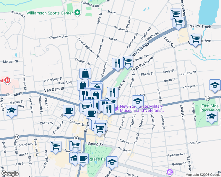 map of restaurants, bars, coffee shops, grocery stores, and more near Maple Avenue in Saratoga Springs