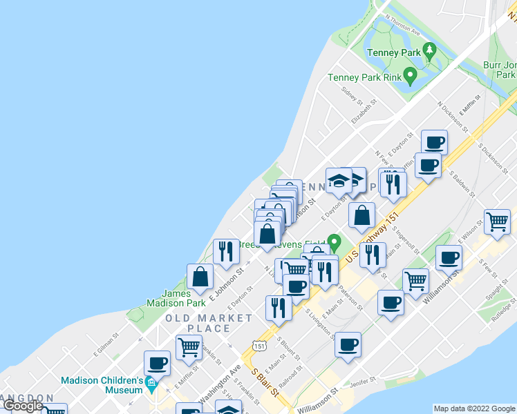map of restaurants, bars, coffee shops, grocery stores, and more near 420 North Paterson Street in Madison