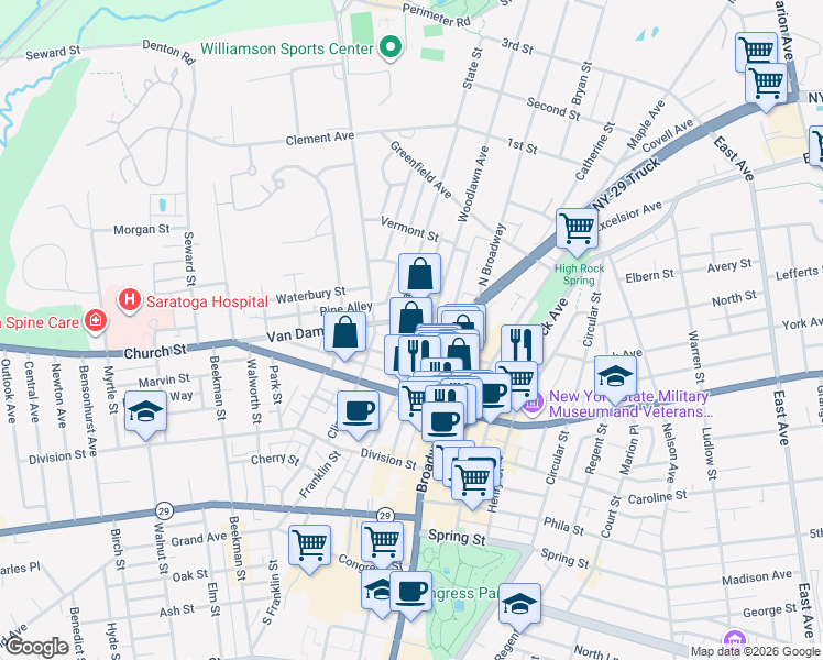 map of restaurants, bars, coffee shops, grocery stores, and more near 7 State Street in Saratoga Springs